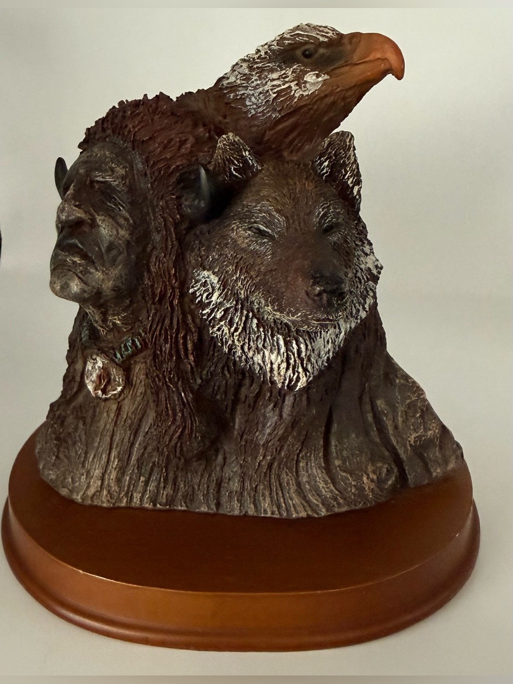 Native Spirit Trio Brown Resin Sculpture with Eagle, Wolf & Chief